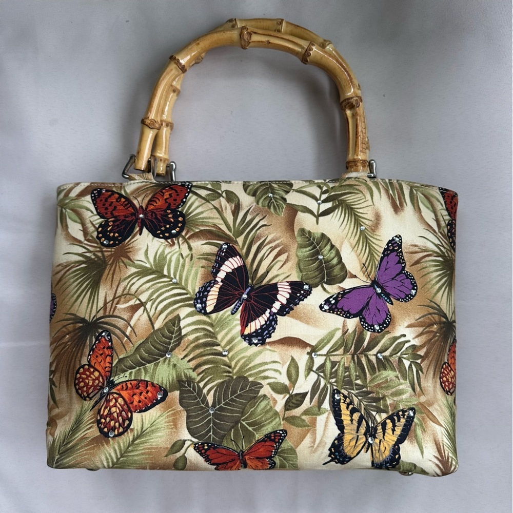 Butterfly Print Bamboo Handle Tote Bag - Picture 3 of 8